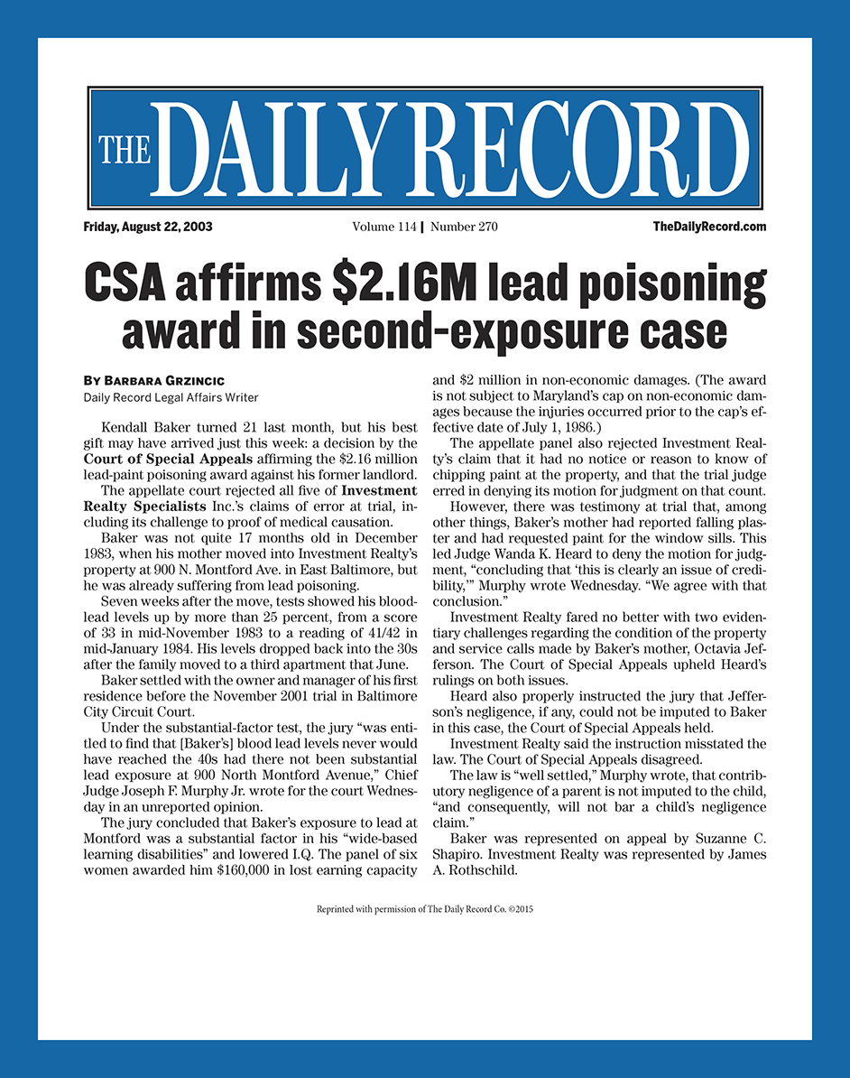 CSA affirms lead poisoning award